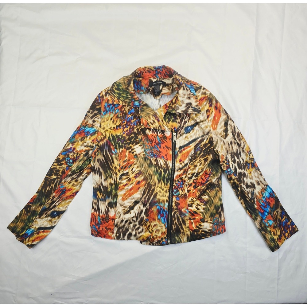 Ashley Stewart Women Animal Print Moto Jacket Size 12 Multi Color Asymmetric Zip